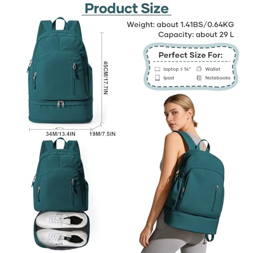 Gym Backpack for Women, Dance Volleyball Backpacks With Shoe Compartment - color: Peacock Blue
