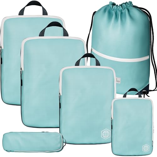 TRIPPED Travel Gear Extra Large Compression Packing Cubes 6-Piece Set - color: Teal and White