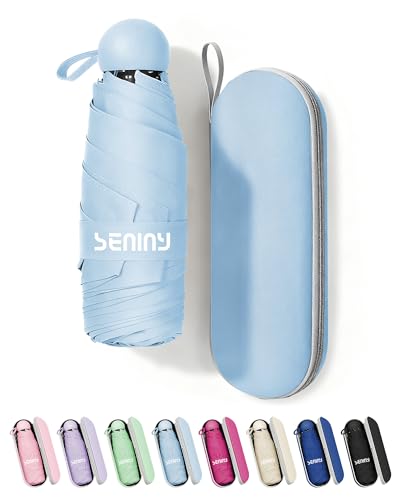 Seniny Mini Travel Umbrella with Case, Compact Pocket Size UV Sun & Rain - color: Sky Blue