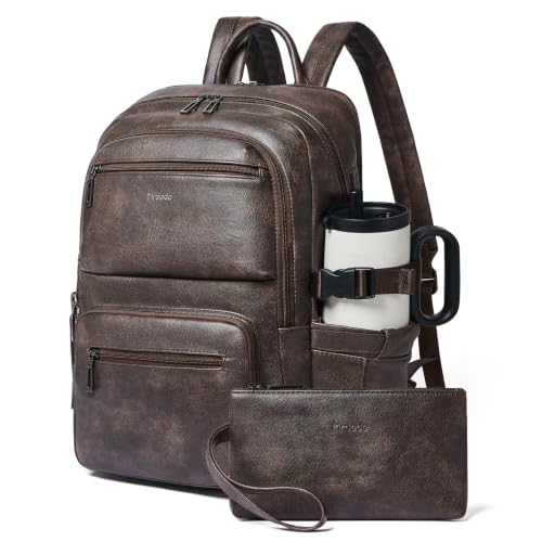 Leather Laptop Backpack for Women with RFID Wristlet Purse, Fits 17" Laptop - color: Coffee
