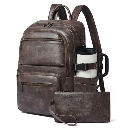 Leather Laptop Backpack for Women with RFID Wristlet Purse, Fits 17" Laptop - color: Coffee