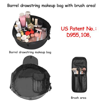 Drawstring Makeup Bag Open Lay Flat - Travel Cosmetic Organizer Bag for Women - Toiletry Bag with Brush Holder - Black, Large Capacity, Travel Essential - color: Black