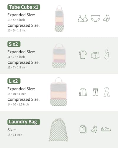 Narwey Compression Packing Cubes for Travel, Cute Luggage Organizer Bags - color: Z-Mint Green Checkerboard
