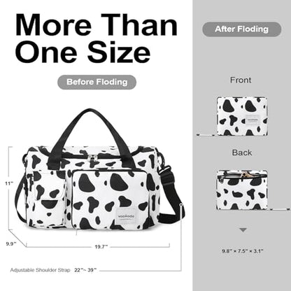 WOOMADA Foldable Travel Duffel Bag with Shoes Compartment, Overnight Bag with Wet Pocket & Trolley Sleeve, Weekender Bags for Women (cow) - color: cow