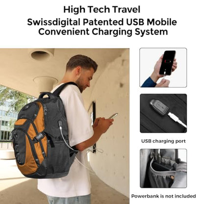 Swissdigital 비즈니스 여행 노트북 백팩 - 남성 및 여성용 스마트 USB 충전 포트 포함, 15.6인치 노트북에 적합, 블루, 오렌지/블랙., 표준, 여행 - color: 오렌지/블랙.