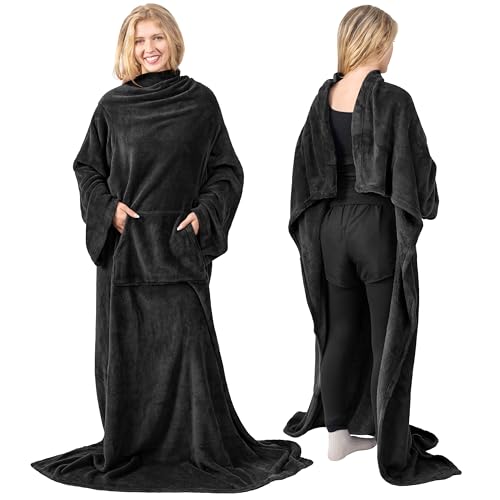 PAVILIA Blanket with Sleeves for Adult Women Men, Soft Warm Wearable Blanket Fleece Wrap Throw, Robe Blanket Gift - color: Black