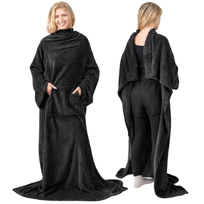 PAVILIA Blanket with Sleeves for Adult Women Men, Soft Warm Wearable Blanket Fleece Wrap Throw, Robe Blanket Gift - color: Black