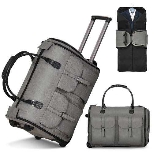 Garment Bags for Travel, 2-in-1 Convertible Rolling Duffle Bag with Wheels, Modern Carry-on Travel Bag for Suits, Foldable Suit Bag, Telescopic Handle, Hanging Hook - color: Modern Grey