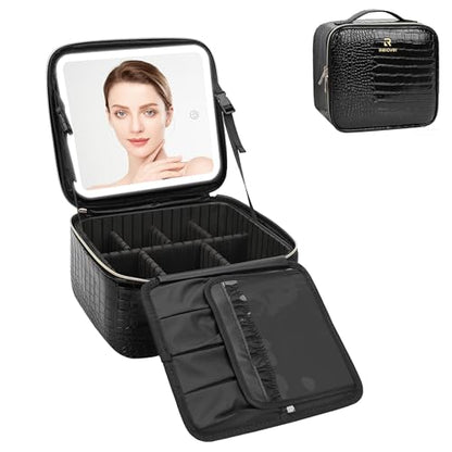 Relavel Makeup Train Case With LED Mirror, Removable Partitions Bag - color: 02-Glossy Black, size: 1-Small