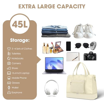 Women's Weekender bag Travel Duffel Bag with Shoe Compartment 21-inch Airline-Approved Carry-On, 2-Piece Overnight Bag Set Personal Item Luggage - color: SR -1-beige