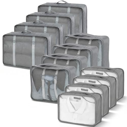 12 Pcs Packing Cubes for Suitcase, 3-Sizes Luggage Packing Organizers for Travel Accessories Hiking Camping Backpacking Clothes(Grey, L, M, S Size)