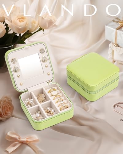 VLANDO Travel Jewelry Case with Mirror, Storage 3 Pairs of Stud Earrings - color: K.Green - Mirror