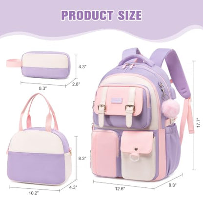 Backpack for Girls, School Backpacks for Teen Girls with Lunch Box - color: Purple Pink