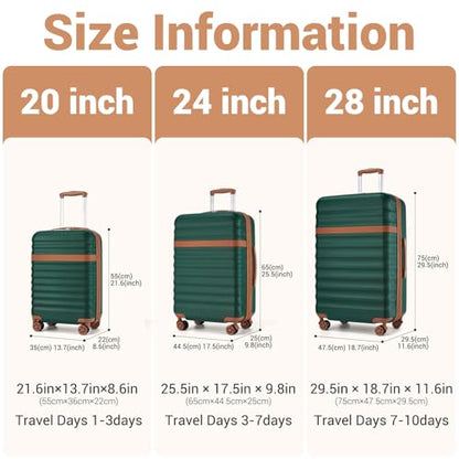 Kono 3-Piece Luggage Set 20/24/28in Expandable Hardside TSA Lock Green - color: Green/Brown, size: 3-piece set (20/24/28)