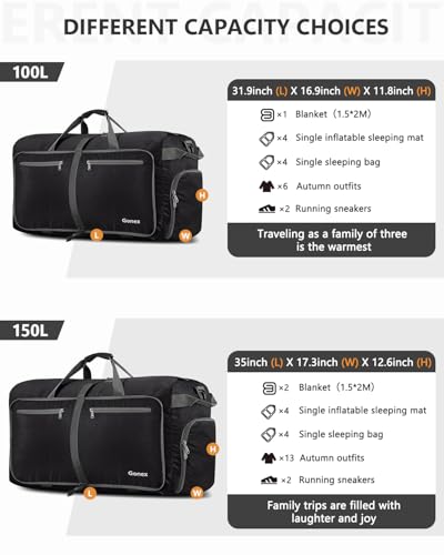 Gonex 60L Foldable Travel Duffle Bag with Shoe Compartment, Lightweight - color: Black, size: 60L
