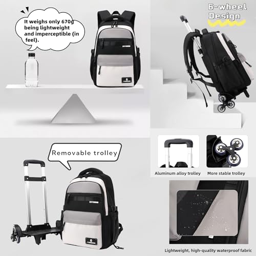 ZHANAO Kids Rolling Backpack for Boys School Color-blocking Trolley Bag - color: Brown-6 Wheels