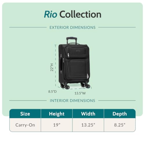 U.S. Traveler Rio Lightweight Softside Rolling Carry-on Suitcase, 4-Wheel Single, Black - color: Black, size: 22"