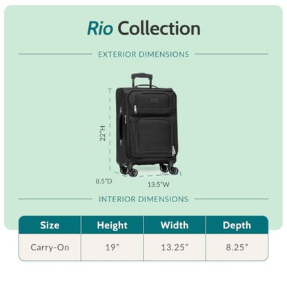 U.S. Traveler Rio Lightweight Softside Rolling Carry-on Suitcase, 4-Wheel Single, Black - color: Black, size: 22"