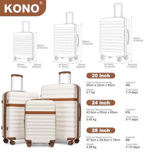 Kono Checked Luggage 28in Expandable Hardside TSA Lock Cream | Large Size Spinner Wheels Lightweight Capacity and Lighter Weight Suitable accommodate itineraries of more than 10 days - color: Cream White, size: Checked-large 28-inch