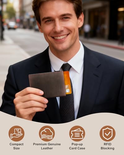 ROYAL KIT Wallet for Men Card Holder: Pop Up Card Case, RFID Blocking, Premium Genuine Leather, Slim, Minimalist, Front Pocket - 14 Card Capacity | ID Window | Cash Slot (Brown) - color: Dark Brown