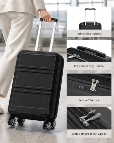 Kono Carry On Luggage Set Airline Approved with Spinner Wheels - color: Black, size: 2-piece Set (12/20)