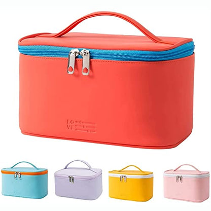 Meiyuuo Travel Makeup Bag for Women, PU Leather Cosmetic Bag, Red - color: Orange Red