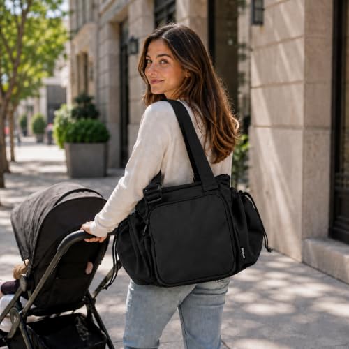 Everyday Bag Tote for Women, Spacious Diaper Bag with 16 Pockets, Durable Travel Bag, Sleek Work Shoulder Bag - color: Nylon Matte Black