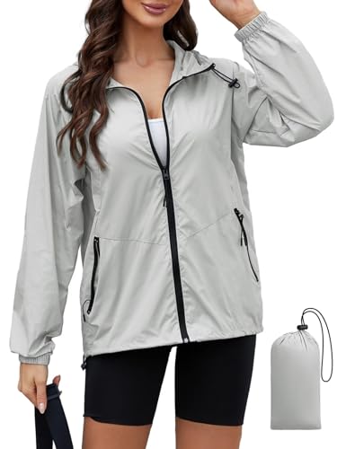 PITINAN Women's Rain Jacket Packable with Hood Lightweight Travel XS-3XL - color: Grey, size: Small