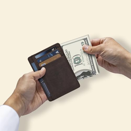 Slim Leather Wallet for Men and Women - RFID Blocking Card Holder Compact - color: Dark Brown