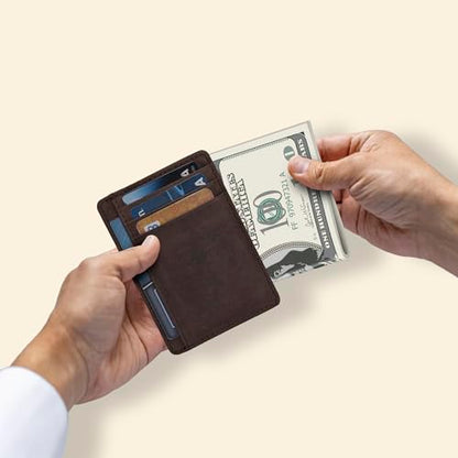 Slim Leather Wallet for Men and Women - RFID Blocking Card Holder Compact - color: Dark Brown