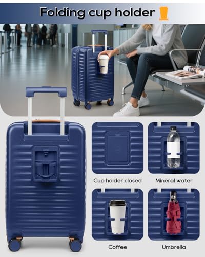 Joyway 20 Inch Carry On Luggage with Front Pocket and Cup Holder, Blue - color: Blue, size: 20 Inch