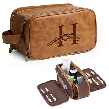 Travel Toiletry Bag For Mens PU Leather Engraved Initials (Yellow Brown H) - color: Brown, style: H
