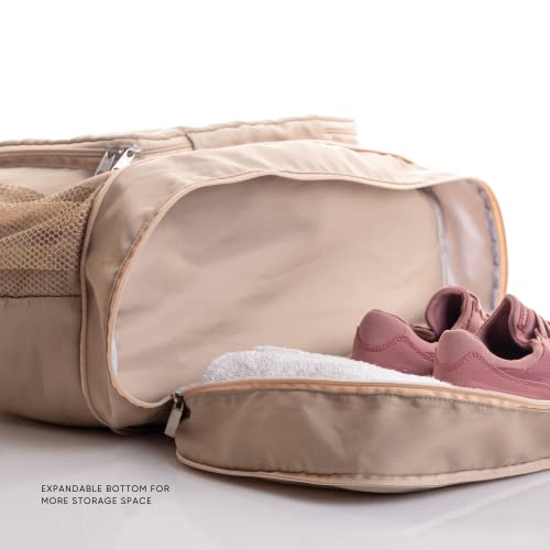 Large Travel Bag - Foldable & Expandable Carry-On Bag with Shoe Compartment, Water Bottle Pocket, Luggage Sleeve, Cosmetic Case - color: Beige