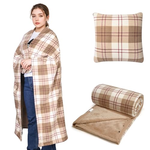 forestfish Wearable Blanket Compact Pillow 2-in-1, Flannel Lap Blanket Poncho with Button Plaid Throw Cushion for Home Office Sofa - color: Light Brown