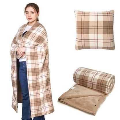 forestfish Wearable Blanket Compact Pillow 2-in-1, Flannel Lap Blanket Poncho with Button Plaid Throw Cushion for Home Office Sofa - color: Light Brown