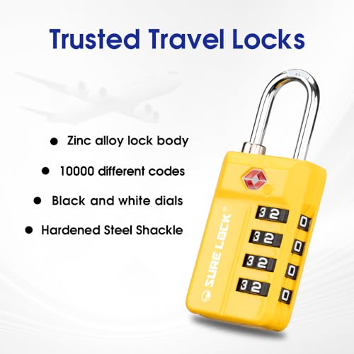 SURE LOCK TSA Approved 4-Digit Resettable Combination Luggage Lock with Open Alert, Easy-Read Dials - for Luggage, School Lockers, Gym, Office, Toolbox & Security Cases(Yellow 1PACK) - color: Yellow