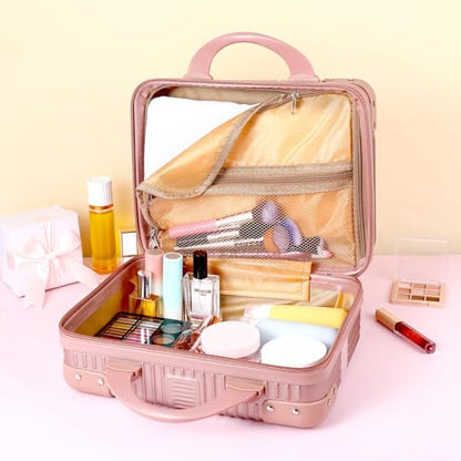 14 Inch Hard Shell Makeup Case, Portable Mini Makeup Suitcase for Hand Luggage with Elastic Band, Pressure-proof Makeup Carrying Case, Lightweight Small Hard Shell Cosmetic Travel Case (Champagne) - color: Champagne