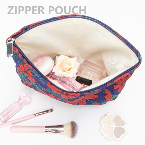Flat Makeup Bag for Women,Zipper Cosmetic Pouch for Purse,Brocade Navy Blue - color: Brocade Navy Blue