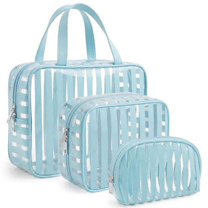 3 Pack Clear Blue PVC Travel Toiletry Bags - TSA Approved Waterproof Makeup Organizer Set with Handle, Striped Cosmetic Pouches for Airplane Gym and Daily Use - color: SET-Blue