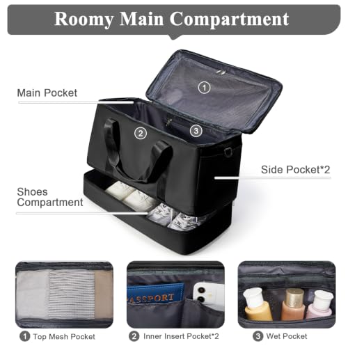 Travel Duffle Bag with Shoe Compartment, Overnight Weekender Bags for Women - color: Black