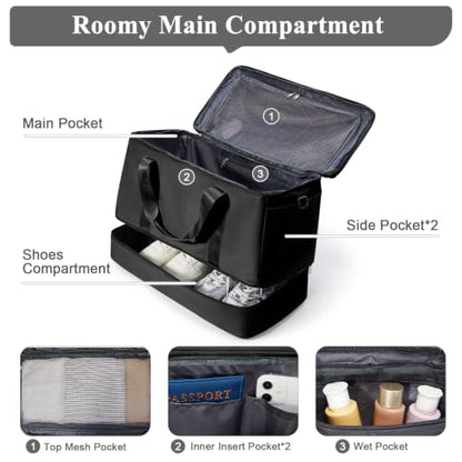 Travel Duffle Bag with Shoe Compartment, Overnight Weekender Bags for Women - color: Black
