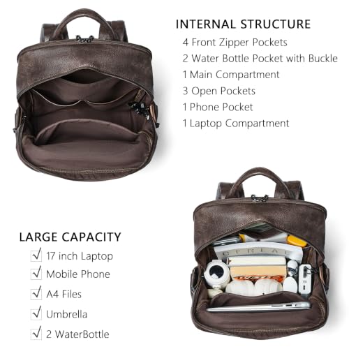Leather Laptop Backpack for Women Fits 17" Laptop, with RFID Wristlet Purse - color: Coffee