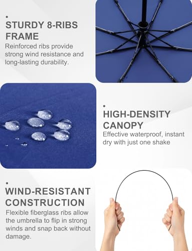 Windproof Travel Umbrella, Automatic Compact Folding Umbrella, Small Travel Size Umbrella for Rain, Backpack & Everyday Carry - color: Dark Blue