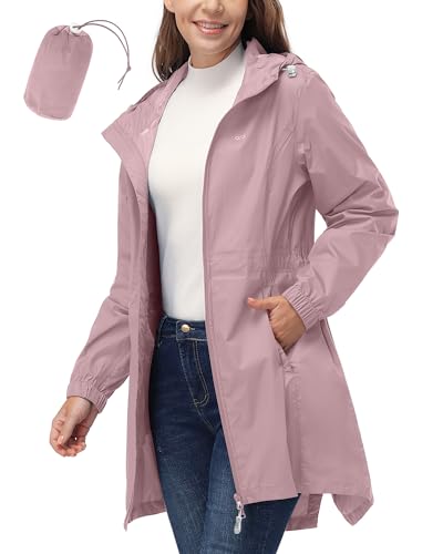 33,000ft Women's Waterproof Long Rain Coats Packable Rain Jacket with Hood - color: Dry Rose, size: X-Large