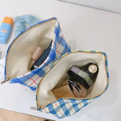 Wudygirl Makeup Bag for Women Cosmetic Bag 10.5"x7.5" Blue White Plaid - color: BLWH Line