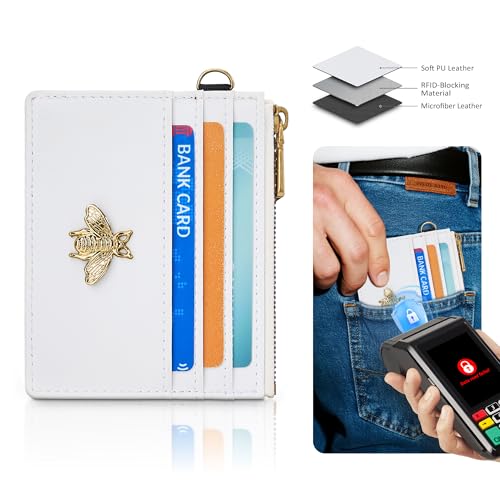 SEAVILIA Credit Card Holder Small Keychain Wallet for Women RFID Blocking - color: White