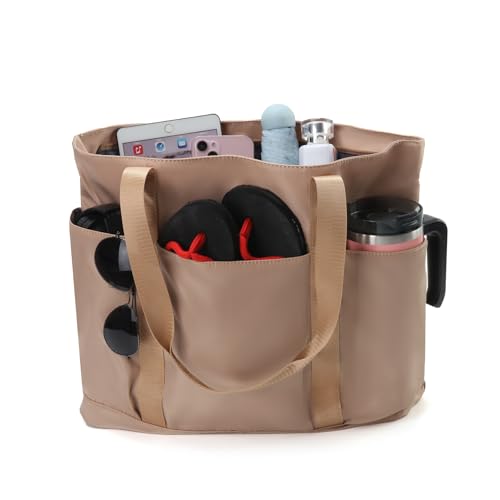 Waterproof Tote Bag with Zipper Foldable Beach Bag for Travel - color: Beige