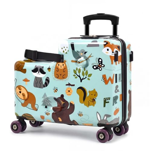 20" Kids Ride On Suitcase, Lightweight Hardshell Travel Luggage with Wheels - color: Green