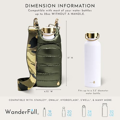 WanderFull Original HydroBag Crossbody Water Bottle Holder with Phone Pocket, Fits Water Bottles up to 32 oz - color: Army Green Shiny - Patterned Strap
