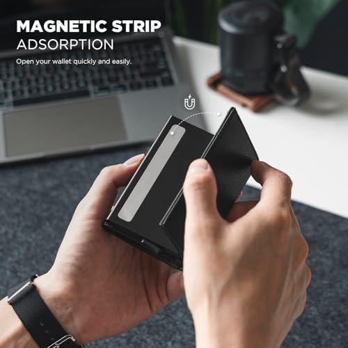 VULKIT Pop up Card Wallet Minimalist Cash Wallets RFID Blocking Leather Smart Credit Card Holder with ID window for Men - color: Top-Grain Cowhide Litchi Black